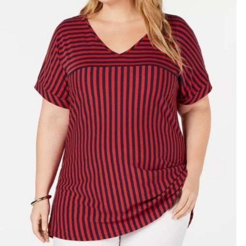 NY Collection Women's Plus Size 2X Striped V-Neck